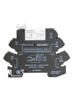 Реле интерфейсное, 1CO, ком. ток 6А, AgSnO₂, напряжение 230V AC/DC, RC-цепь, push-in клеммы.
