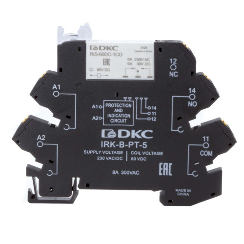 Реле интерфейсное, 1CO, ком. ток 6А, AgSnO2, напряжение 230V AC/DC, push-in клеммы.