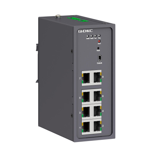 Промышленный управляемый коммутатор, 8×10/100Base-T(X) портов RJ45,консольный порт Mini USB, 24-48В DC (18-72В DC), с резервированием