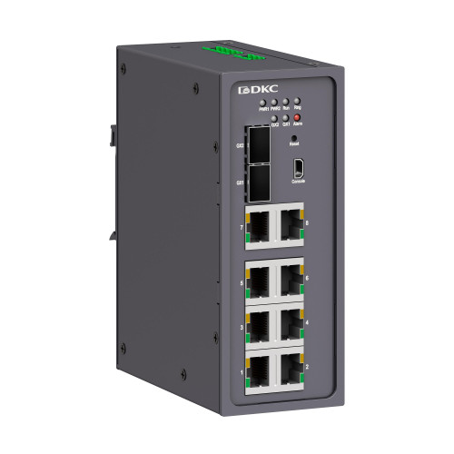Промышленный управляемый коммутатор, 2×100Base-X, 1000Base-X,10/100/1000Base-T(X) SFP слота: 8×10/100Base-T(X) портов RJ45,консольный порт Mini USB, 24-48В DC (18-72В DC), с резервированием